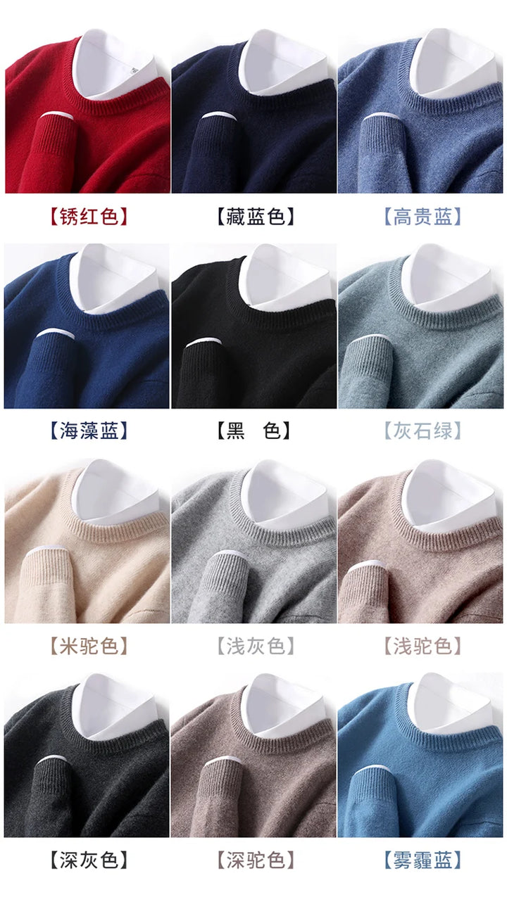 Autumn and Winter Men's 100% Pure Sheep O-Neck Sweater Casual Solid Color Knitted Long Sleeve Pullover Men's Wool Sweater New