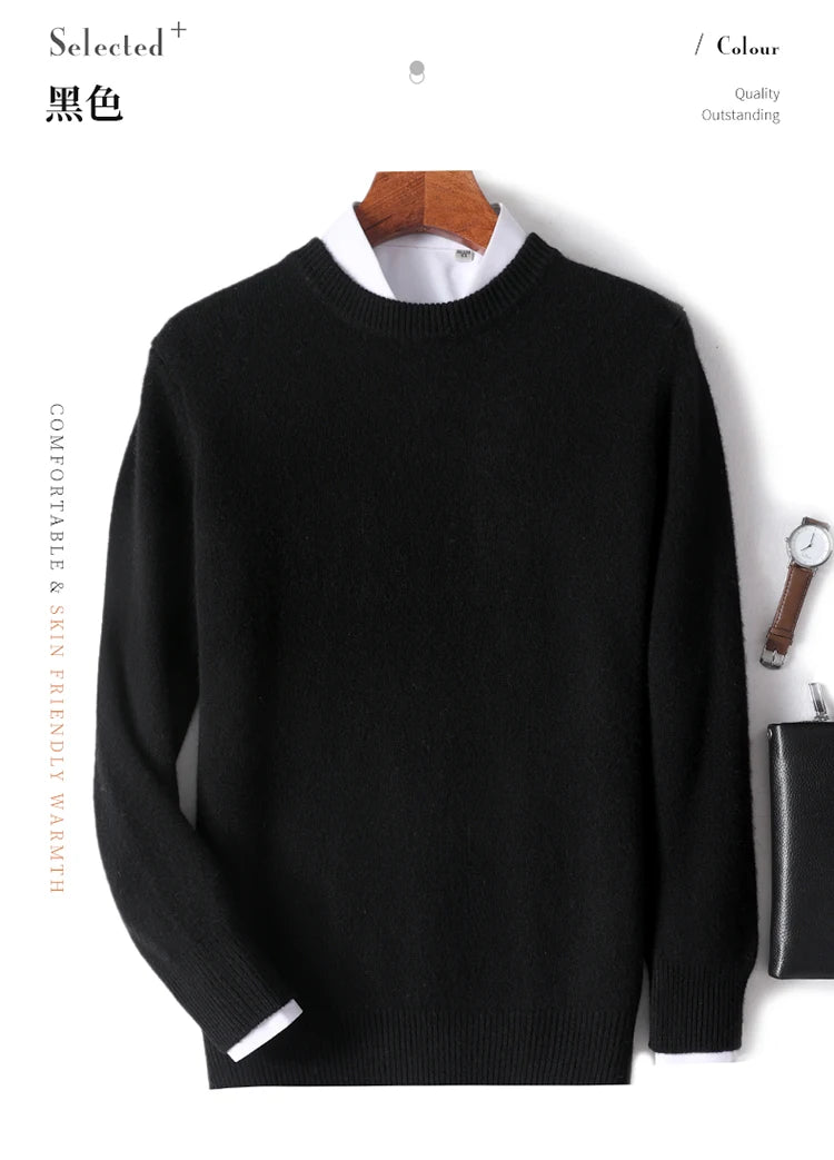 Autumn and Winter Men's 100% Pure Sheep O-Neck Sweater Casual Solid Color Knitted Long Sleeve Pullover Men's Wool Sweater New