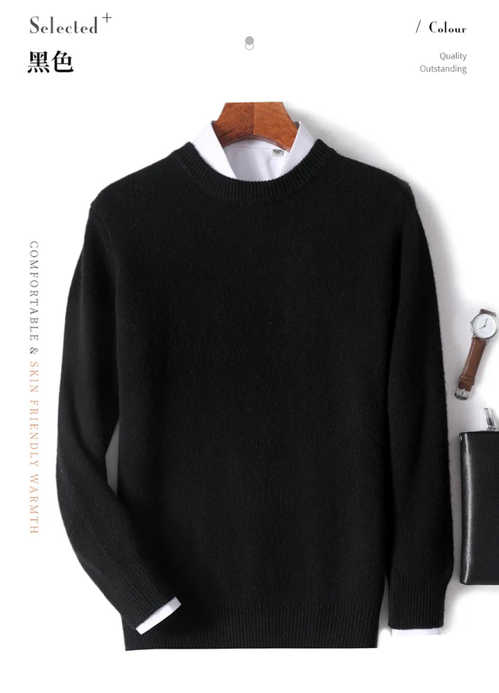 Autumn and Winter Men's 100% Pure Sheep O-Neck Sweater Casual Solid Color Knitted Long Sleeve Pullover Men's Wool Sweater New