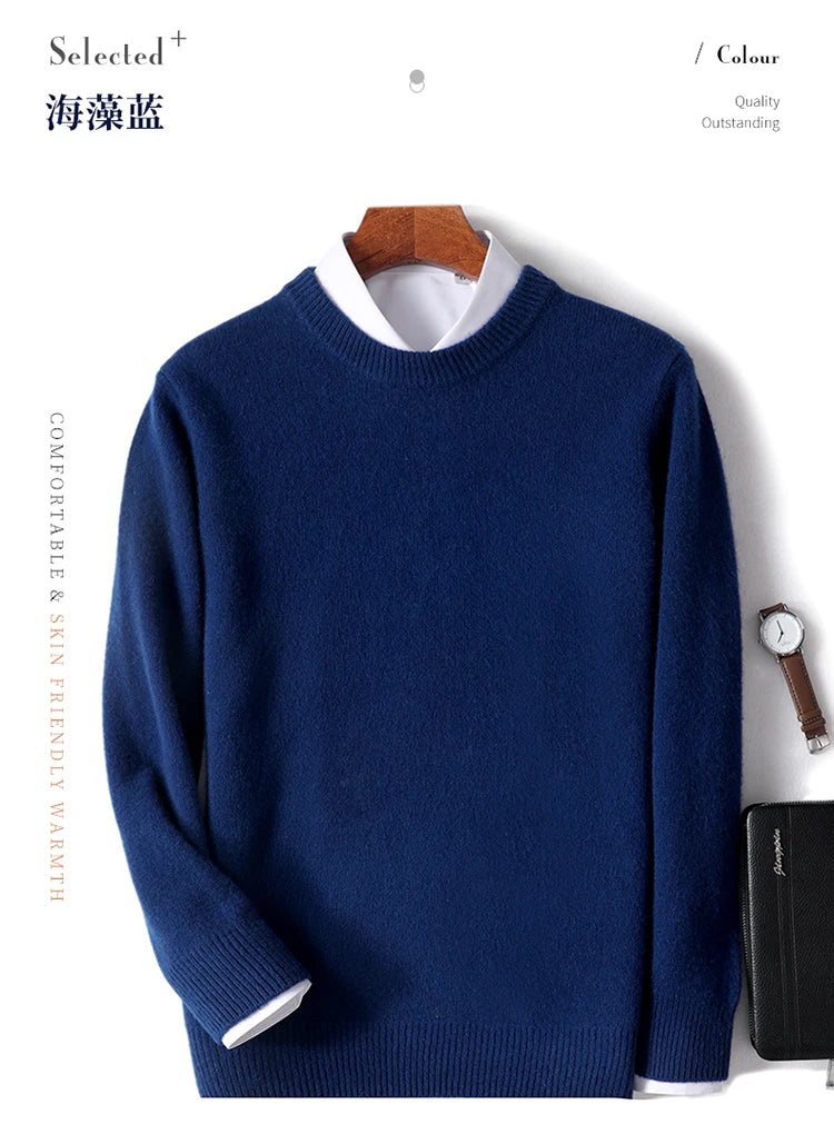 Autumn and Winter Men's 100% Pure Sheep O-Neck Sweater Casual Solid Color Knitted Long Sleeve Pullover Men's Wool Sweater New