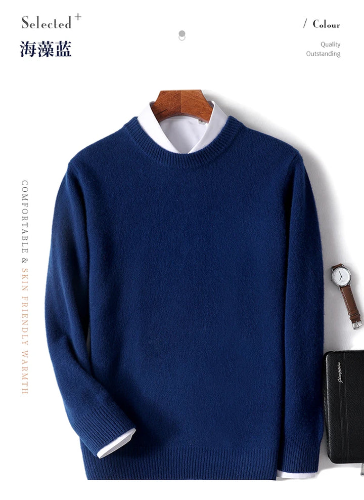 Autumn and Winter Men's 100% Pure Sheep O-Neck Sweater Casual Solid Color Knitted Long Sleeve Pullover Men's Wool Sweater New
