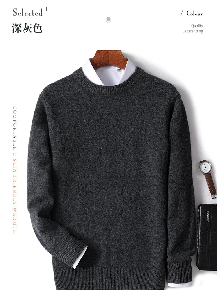 Autumn and Winter Men's 100% Pure Sheep O-Neck Sweater Casual Solid Color Knitted Long Sleeve Pullover Men's Wool Sweater New