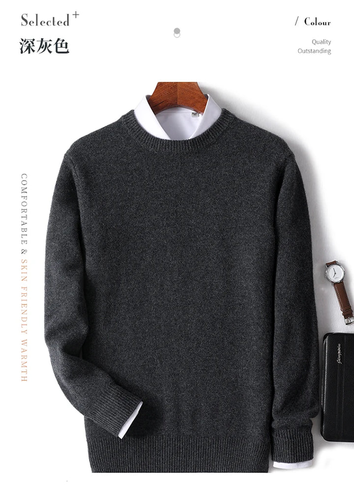 Autumn and Winter Men's 100% Pure Sheep O-Neck Sweater Casual Solid Color Knitted Long Sleeve Pullover Men's Wool Sweater New