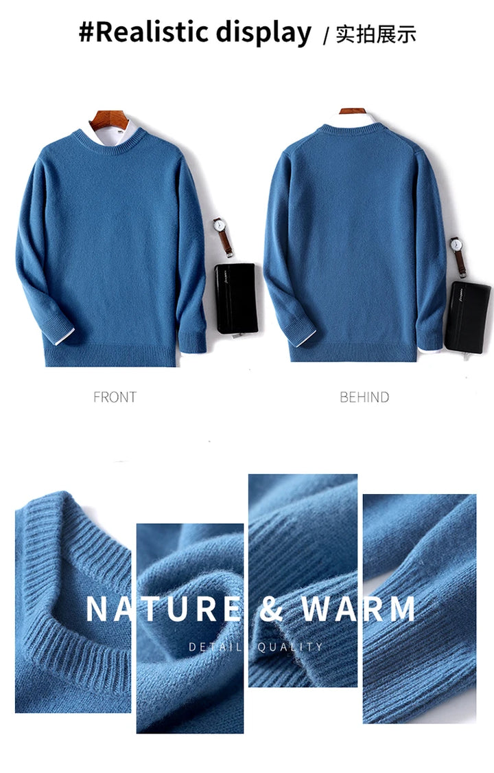Autumn and Winter Men's 100% Pure Sheep O-Neck Sweater Casual Solid Color Knitted Long Sleeve Pullover Men's Wool Sweater New