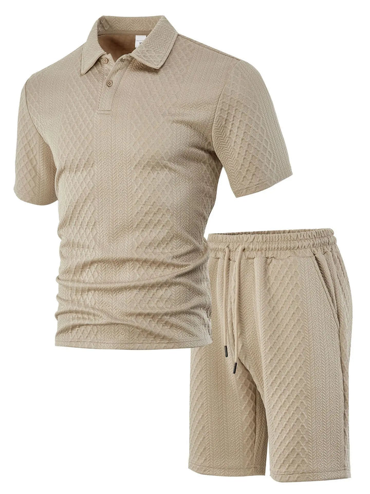 Waffle Checked Lapel Short-sleeve Men's Suit, Summer Polo Shirt And Shorts Sets, Solid Color Breathable 2 Piece Mens Sports Set