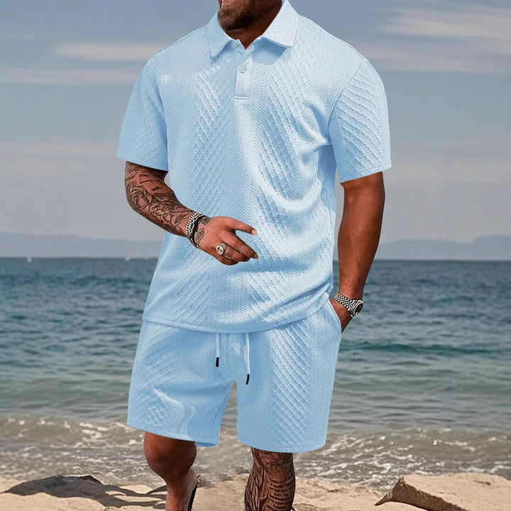 Waffle Checked Lapel Short-sleeve Men's Suit, Summer Polo Shirt And Shorts Sets, Solid Color Breathable 2 Piece Mens Sports Set