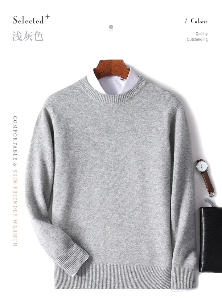 Autumn and Winter Men's 100% Pure Sheep O-Neck Sweater Casual Solid Color Knitted Long Sleeve Pullover Men's Wool Sweater New