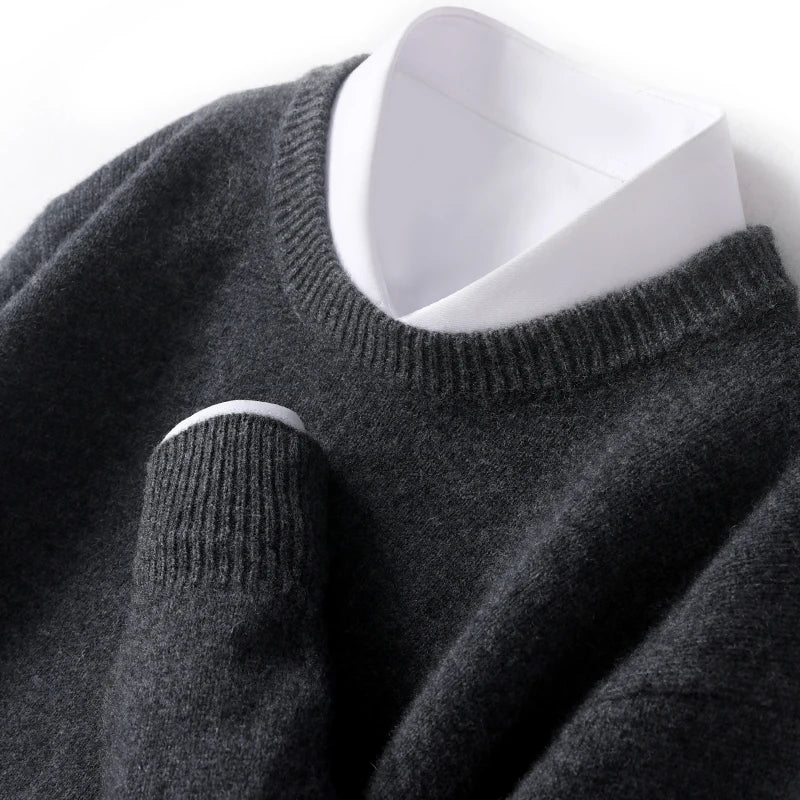 Autumn and Winter Men's 100% Pure Sheep O-Neck Sweater Casual Solid Color Knitted Long Sleeve Pullover Men's Wool Sweater New