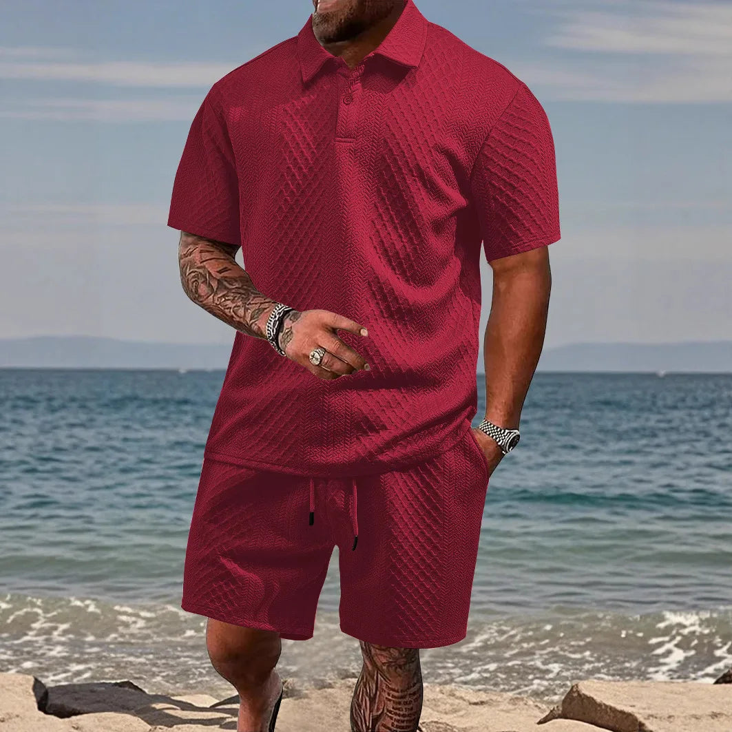 Waffle Checked Lapel Short-sleeve Men's Suit, Summer Polo Shirt And Shorts Sets, Solid Color Breathable 2 Piece Mens Sports Set