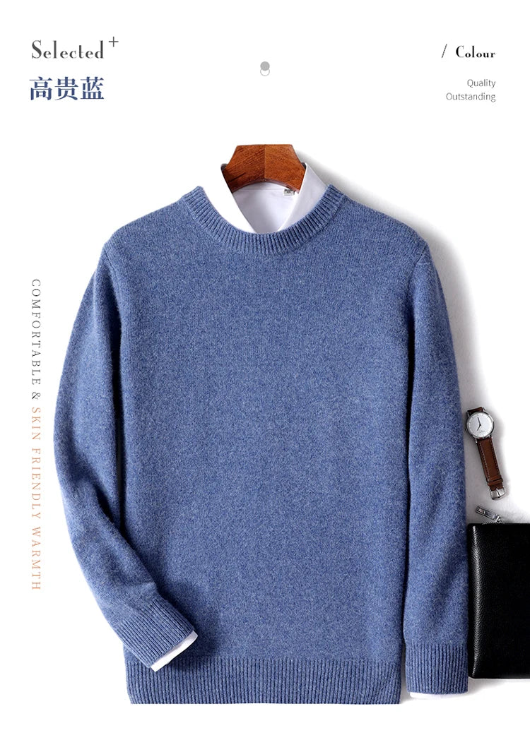 Autumn and Winter Men's 100% Pure Sheep O-Neck Sweater Casual Solid Color Knitted Long Sleeve Pullover Men's Wool Sweater New