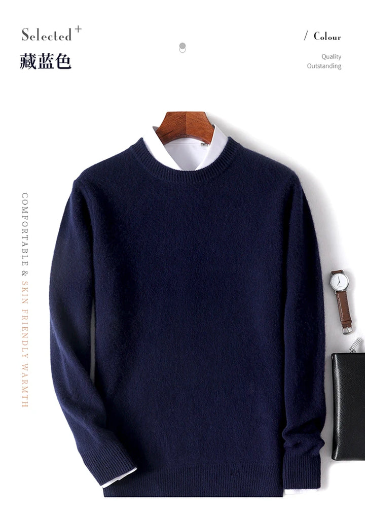 Autumn and Winter Men's 100% Pure Sheep O-Neck Sweater Casual Solid Color Knitted Long Sleeve Pullover Men's Wool Sweater New