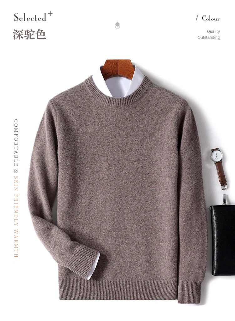 Autumn and Winter Men's 100% Pure Sheep O-Neck Sweater Casual Solid Color Knitted Long Sleeve Pullover Men's Wool Sweater New