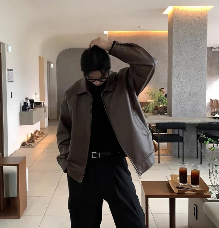 Men’s Brown Leather Jacket – High-Quality Vintage Faux Leather Bomber Jacket for Autumn and Winter - Saint Drako