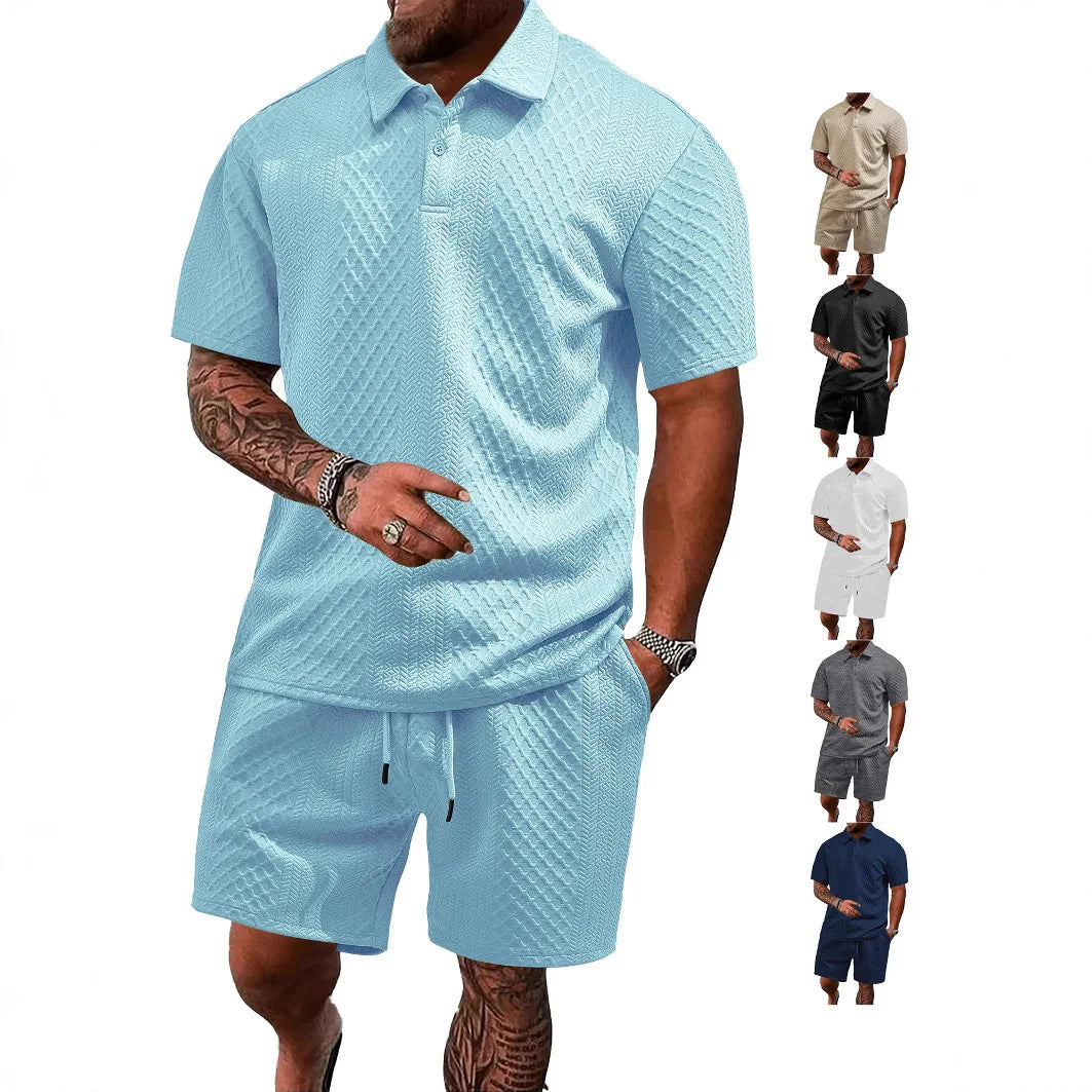 Waffle Checked Lapel Short-sleeve Men's Suit, Summer Polo Shirt And Shorts Sets, Solid Color Breathable 2 Piece Mens Sports Set
