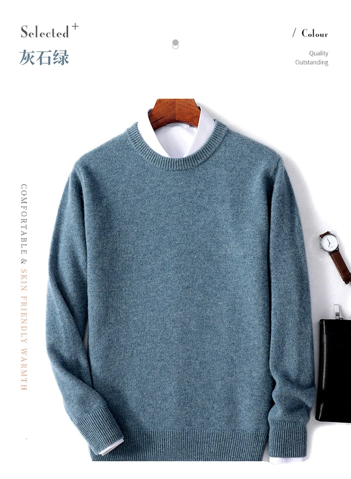Autumn and Winter Men's 100% Pure Sheep O-Neck Sweater Casual Solid Color Knitted Long Sleeve Pullover Men's Wool Sweater New