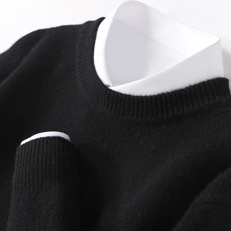 Autumn and Winter Men's 100% Pure Sheep O-Neck Sweater Casual Solid Color Knitted Long Sleeve Pullover Men's Wool Sweater New