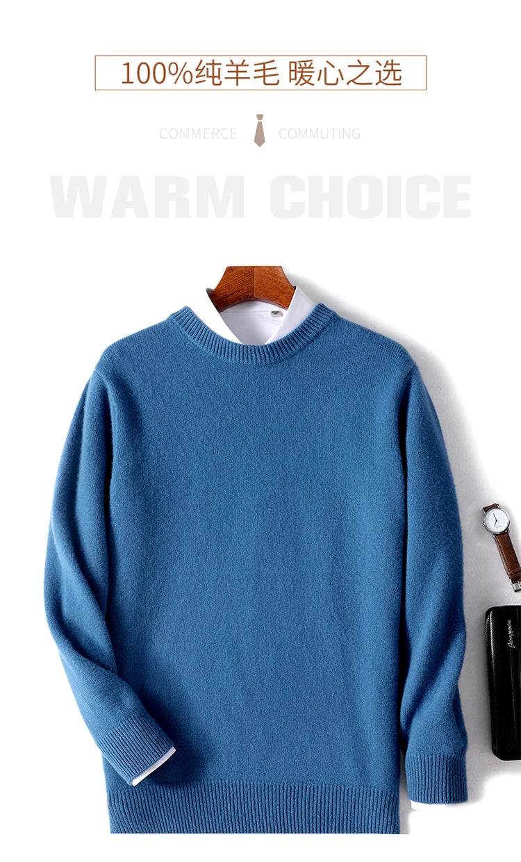 Autumn and Winter Men's 100% Pure Sheep O-Neck Sweater Casual Solid Color Knitted Long Sleeve Pullover Men's Wool Sweater New