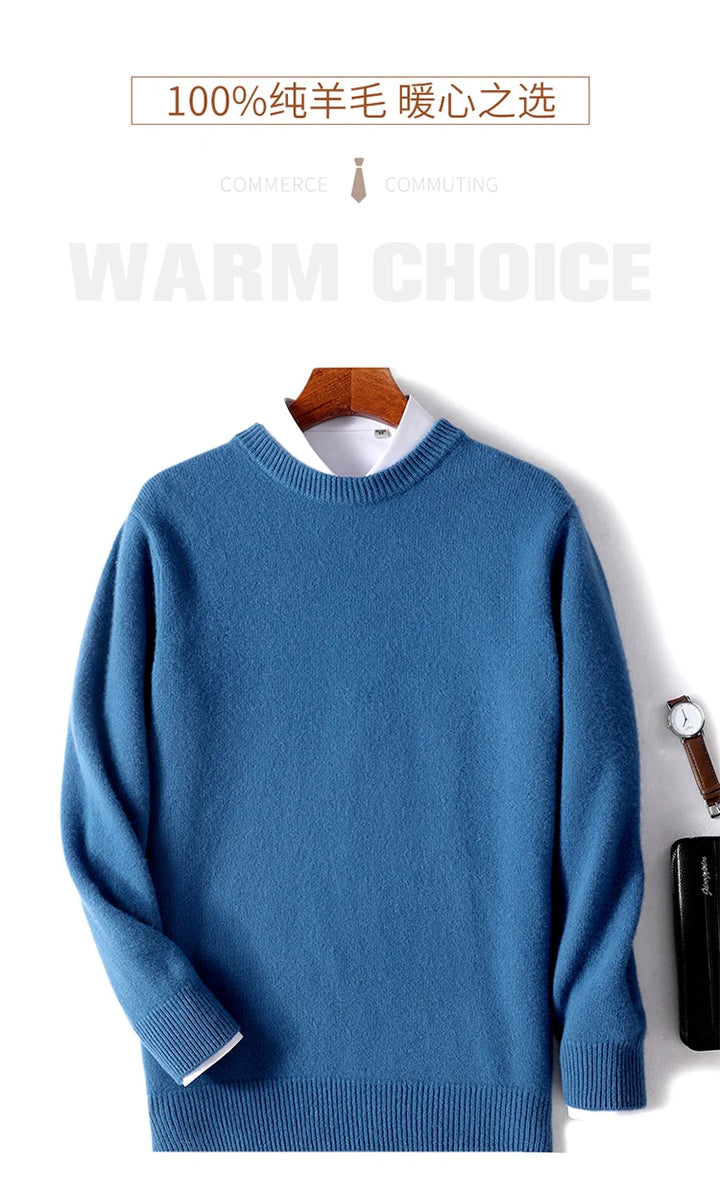 Autumn and Winter Men's 100% Pure Sheep O-Neck Sweater Casual Solid Color Knitted Long Sleeve Pullover Men's Wool Sweater New
