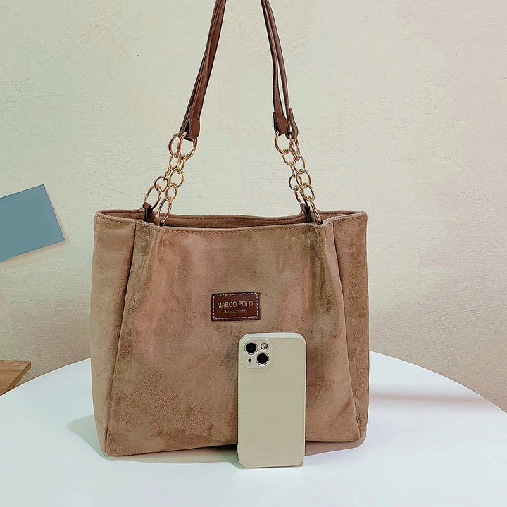 Large-Volume Khaki Suede Shoulder Bags – Stylish Commuter Tote Bag for Women - Saint Drako