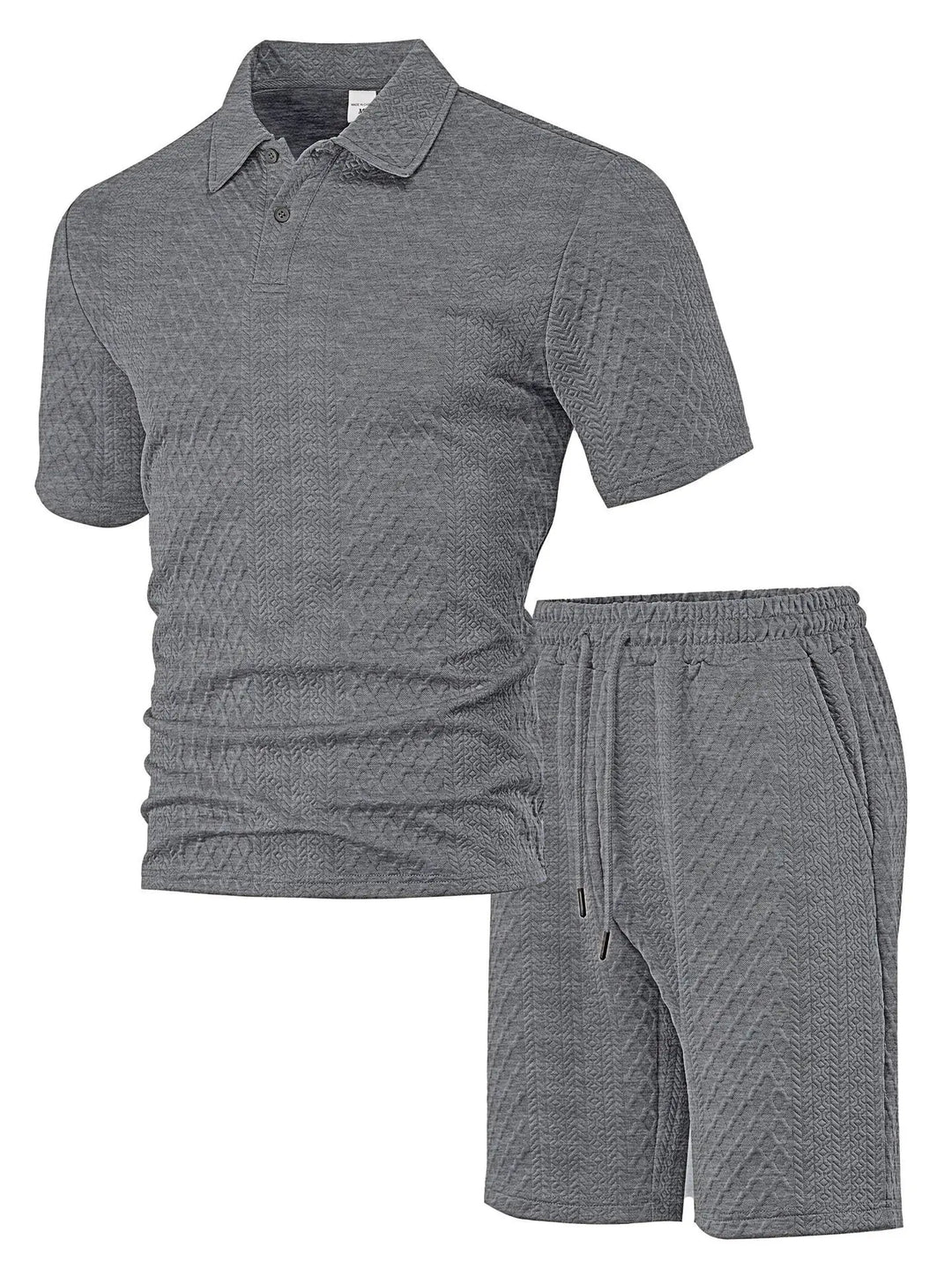 Waffle Checked Lapel Short-sleeve Men's Suit, Summer Polo Shirt And Shorts Sets, Solid Color Breathable 2 Piece Mens Sports Set