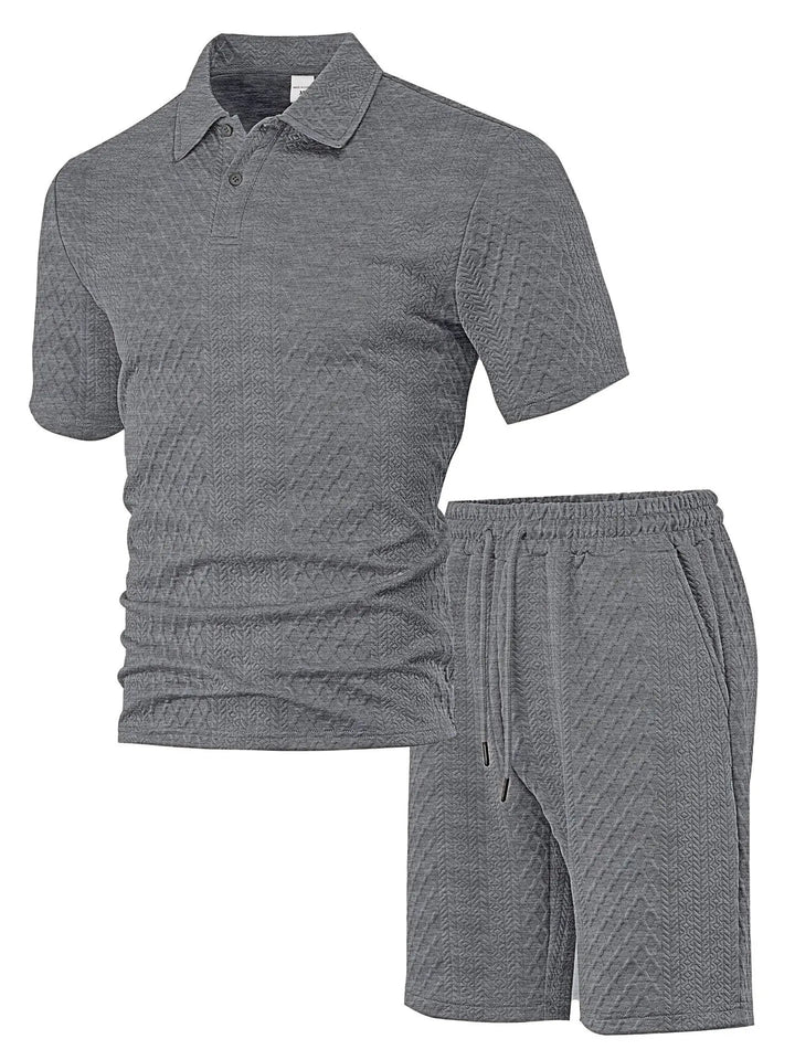Waffle Checked Lapel Short-sleeve Men's Suit, Summer Polo Shirt And Shorts Sets, Solid Color Breathable 2 Piece Mens Sports Set