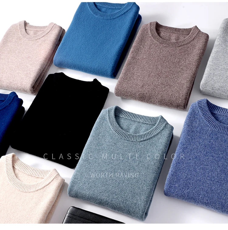 Autumn and Winter Men's 100% Pure Sheep O-Neck Sweater Casual Solid Color Knitted Long Sleeve Pullover Men's Wool Sweater New