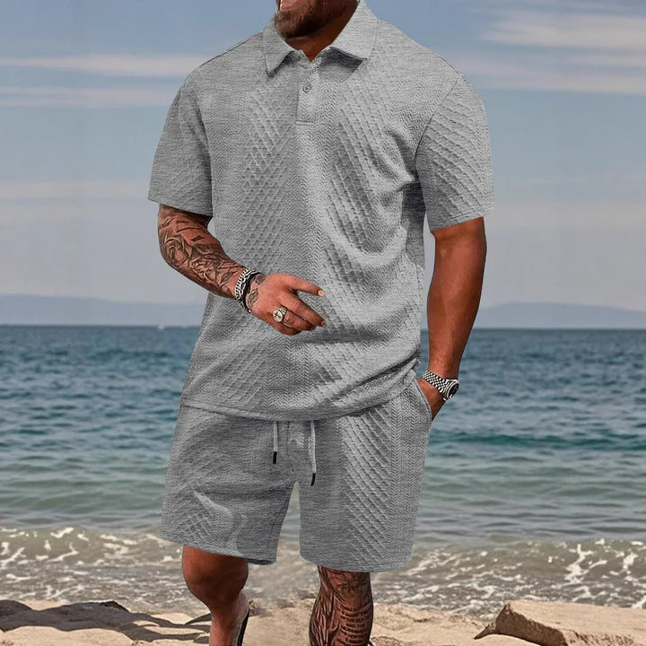 Waffle Checked Lapel Short-sleeve Men's Suit, Summer Polo Shirt And Shorts Sets, Solid Color Breathable 2 Piece Mens Sports Set