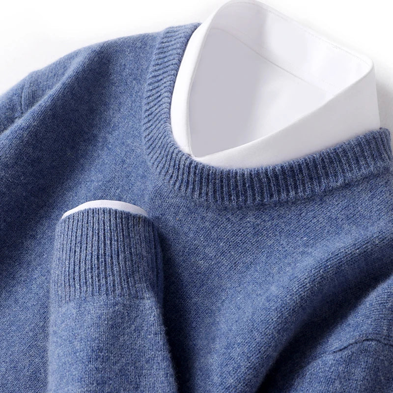 Autumn and Winter Men's 100% Pure Sheep O-Neck Sweater Casual Solid Color Knitted Long Sleeve Pullover Men's Wool Sweater New
