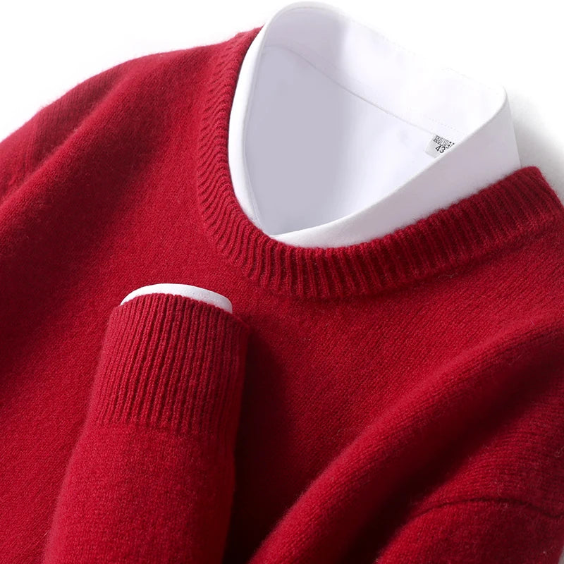 Autumn and Winter Men's 100% Pure Sheep O-Neck Sweater Casual Solid Color Knitted Long Sleeve Pullover Men's Wool Sweater New