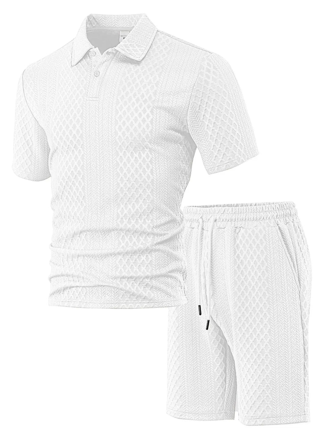 Waffle Checked Lapel Short-sleeve Men's Suit, Summer Polo Shirt And Shorts Sets, Solid Color Breathable 2 Piece Mens Sports Set