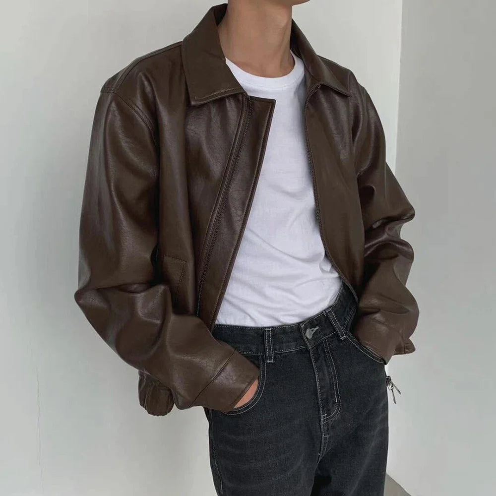 Men’s Brown Leather Jacket – Retro Faux Leather Bomber Jacket for Autumn and Winter - Saint Drako