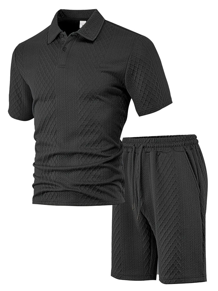 Waffle Checked Lapel Short-sleeve Men's Suit, Summer Polo Shirt And Shorts Sets, Solid Color Breathable 2 Piece Mens Sports Set