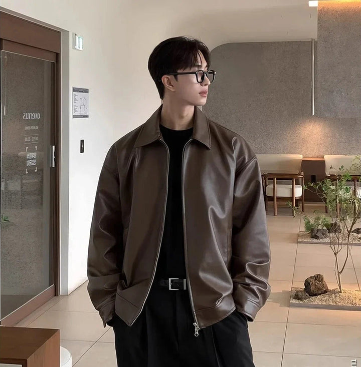 Men’s Brown Leather Jacket – High-Quality Vintage Faux Leather Bomber Jacket for Autumn and Winter - Saint Drako