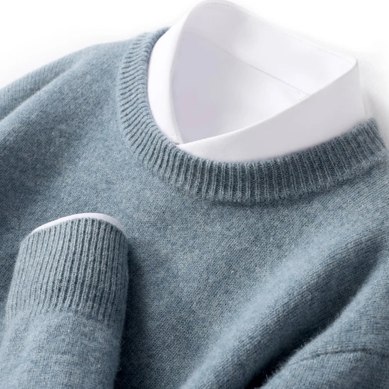 Autumn and Winter Men's 100% Pure Sheep O-Neck Sweater Casual Solid Color Knitted Long Sleeve Pullover Men's Wool Sweater New