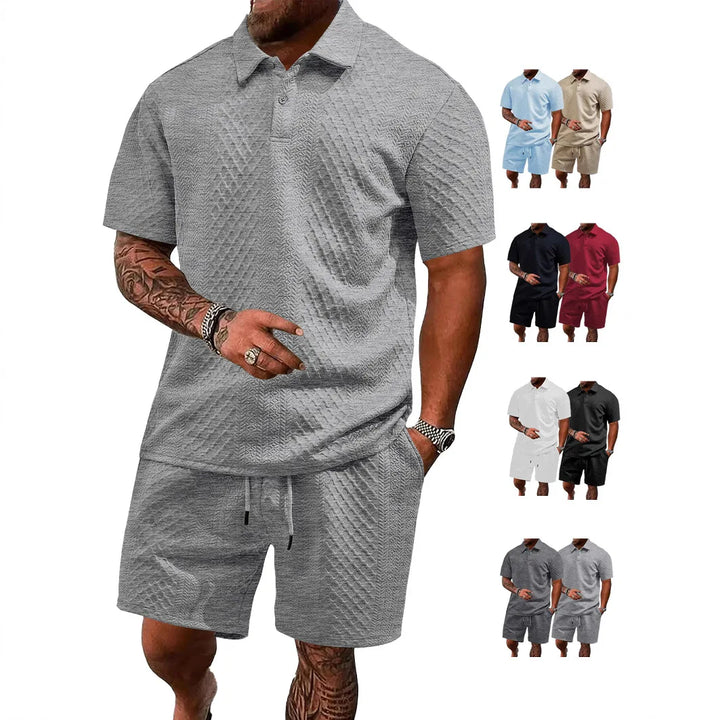 Waffle Checked Lapel Short-sleeve Men's Suit, Summer Polo Shirt And Shorts Sets, Solid Color Breathable 2 Piece Mens Sports Set