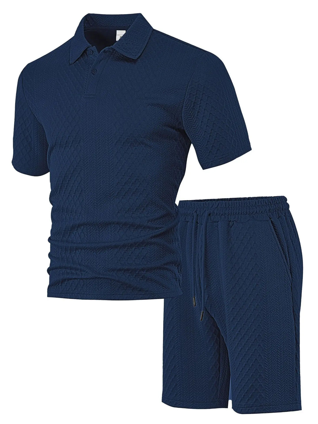 Waffle Checked Lapel Short-sleeve Men's Suit, Summer Polo Shirt And Shorts Sets, Solid Color Breathable 2 Piece Mens Sports Set