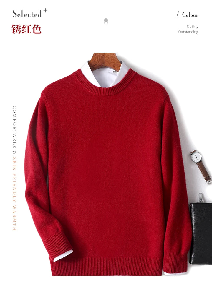 Autumn and Winter Men's 100% Pure Sheep O-Neck Sweater Casual Solid Color Knitted Long Sleeve Pullover Men's Wool Sweater New