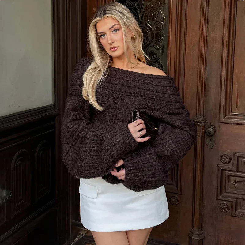Vintage Off Shoulder Top – Oversized Knit Pullover Sweater for Women - Saint Drako