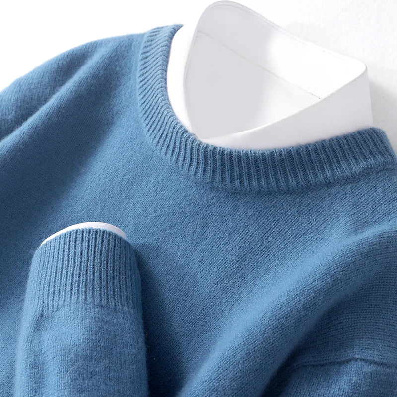 Autumn and Winter Men's 100% Pure Sheep O-Neck Sweater Casual Solid Color Knitted Long Sleeve Pullover Men's Wool Sweater New