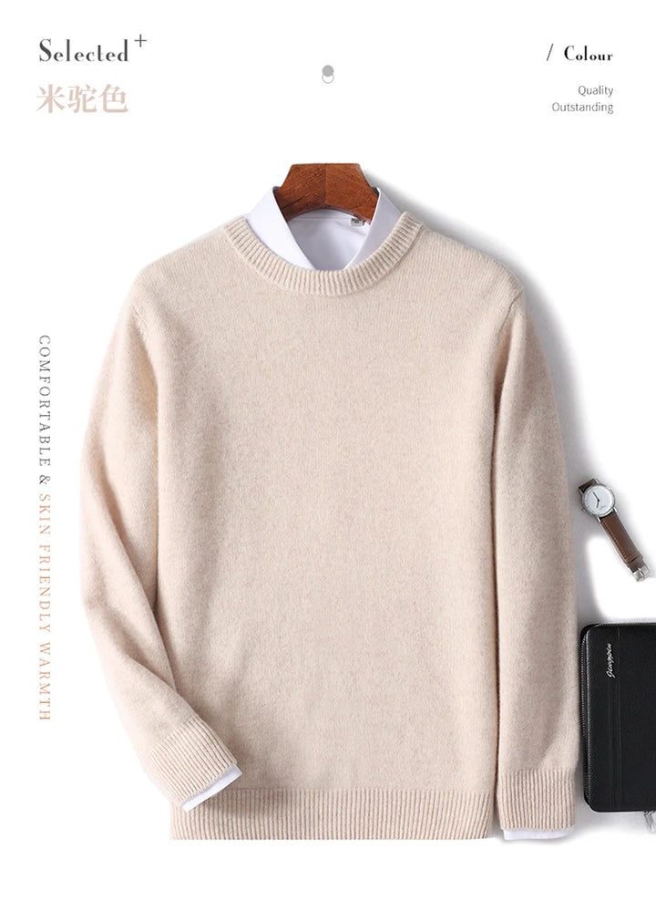 Autumn and Winter Men's 100% Pure Sheep O-Neck Sweater Casual Solid Color Knitted Long Sleeve Pullover Men's Wool Sweater New