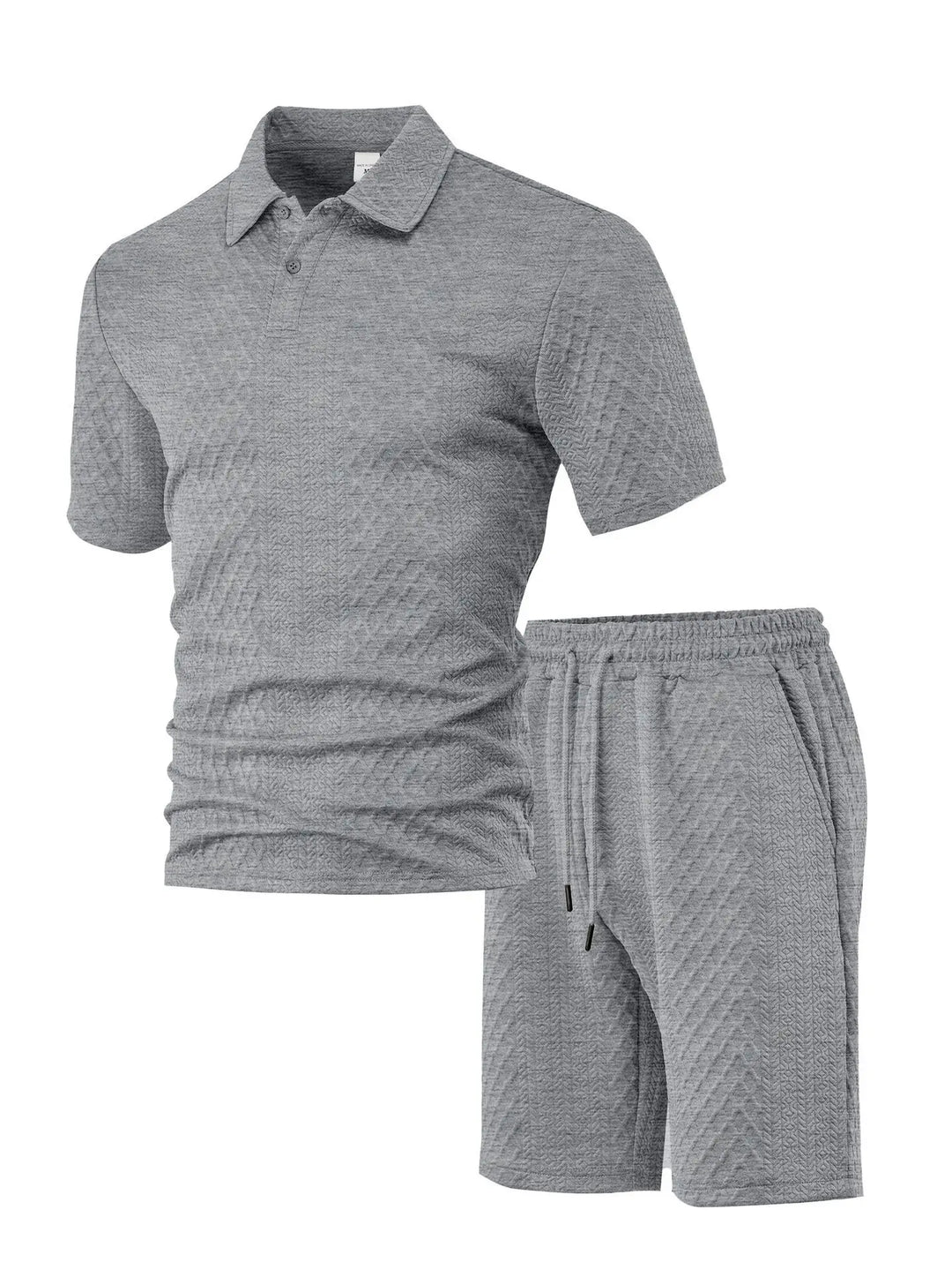 Waffle Checked Lapel Short-sleeve Men's Suit, Summer Polo Shirt And Shorts Sets, Solid Color Breathable 2 Piece Mens Sports Set
