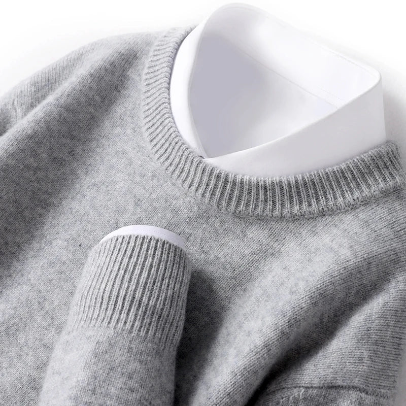 Autumn and Winter Men's 100% Pure Sheep O-Neck Sweater Casual Solid Color Knitted Long Sleeve Pullover Men's Wool Sweater New