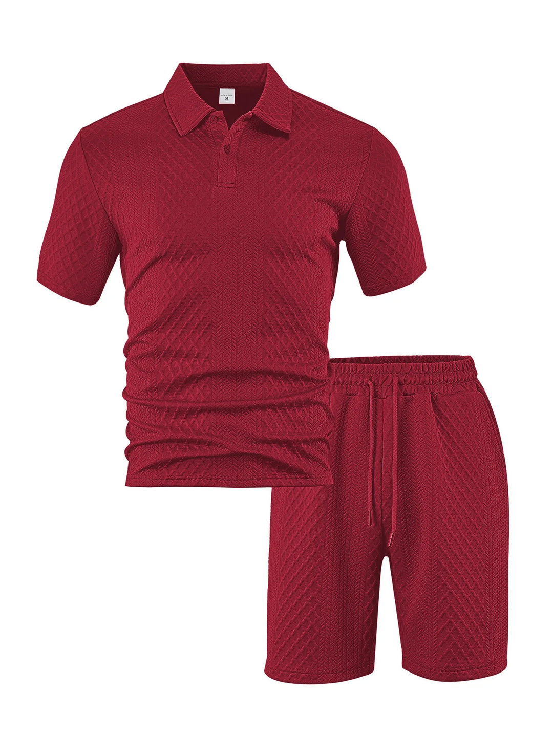 Waffle Checked Lapel Short-sleeve Men's Suit, Summer Polo Shirt And Shorts Sets, Solid Color Breathable 2 Piece Mens Sports Set