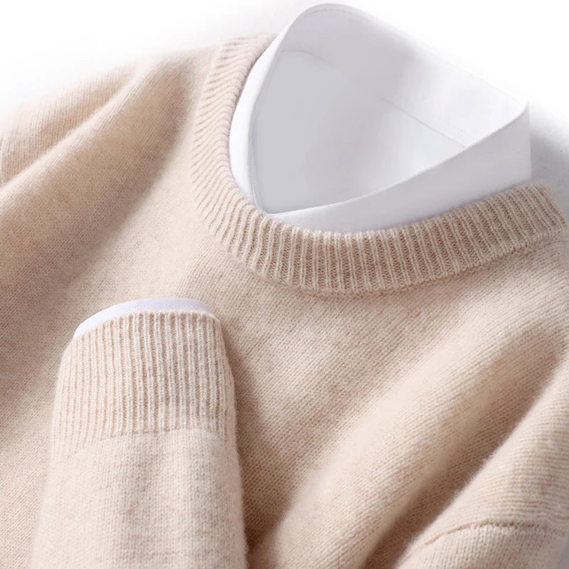 Autumn and Winter Men's 100% Pure Sheep O-Neck Sweater Casual Solid Color Knitted Long Sleeve Pullover Men's Wool Sweater New