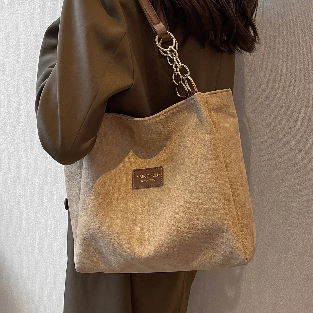 Large-Volume Khaki Suede Shoulder Bags – Stylish Commuter Tote Bag for Women - Saint Drako