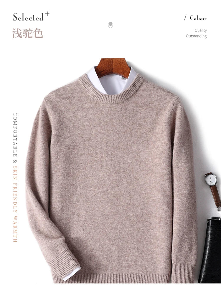 Autumn and Winter Men's 100% Pure Sheep O-Neck Sweater Casual Solid Color Knitted Long Sleeve Pullover Men's Wool Sweater New