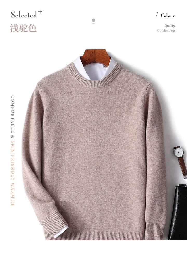 Autumn and Winter Men's 100% Pure Sheep O-Neck Sweater Casual Solid Color Knitted Long Sleeve Pullover Men's Wool Sweater New