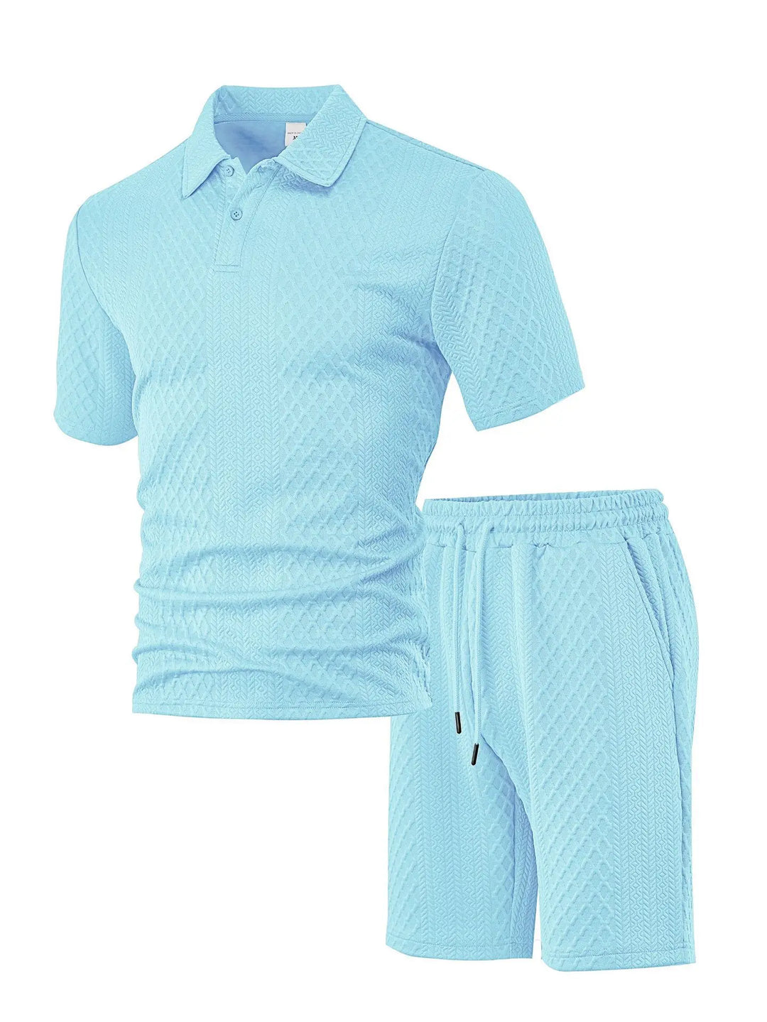 Waffle Checked Lapel Short-sleeve Men's Suit, Summer Polo Shirt And Shorts Sets, Solid Color Breathable 2 Piece Mens Sports Set