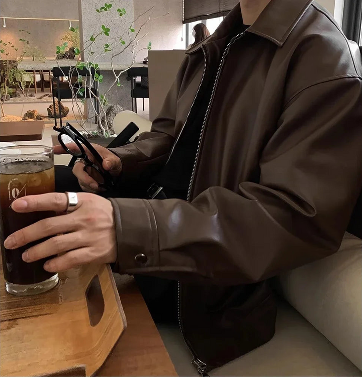 Men’s Brown Leather Jacket – High-Quality Vintage Faux Leather Bomber Jacket for Autumn and Winter - Saint Drako