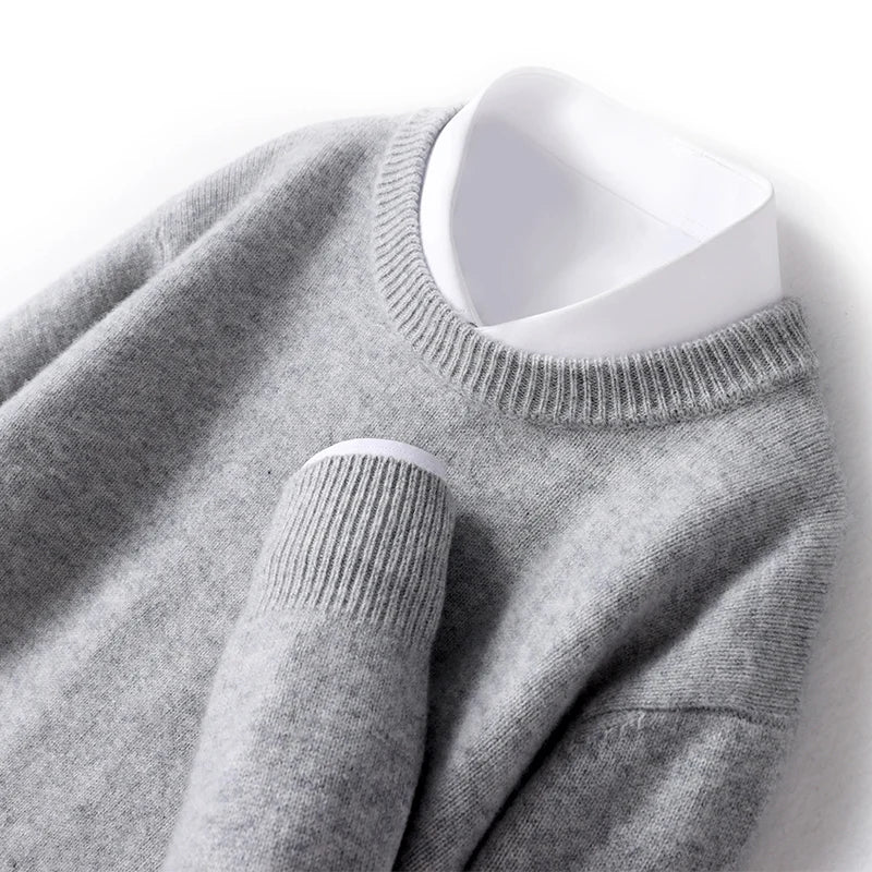 Autumn and Winter Men's 100% Pure Sheep O-Neck Sweater Casual Solid Color Knitted Long Sleeve Pullover Men's Wool Sweater New